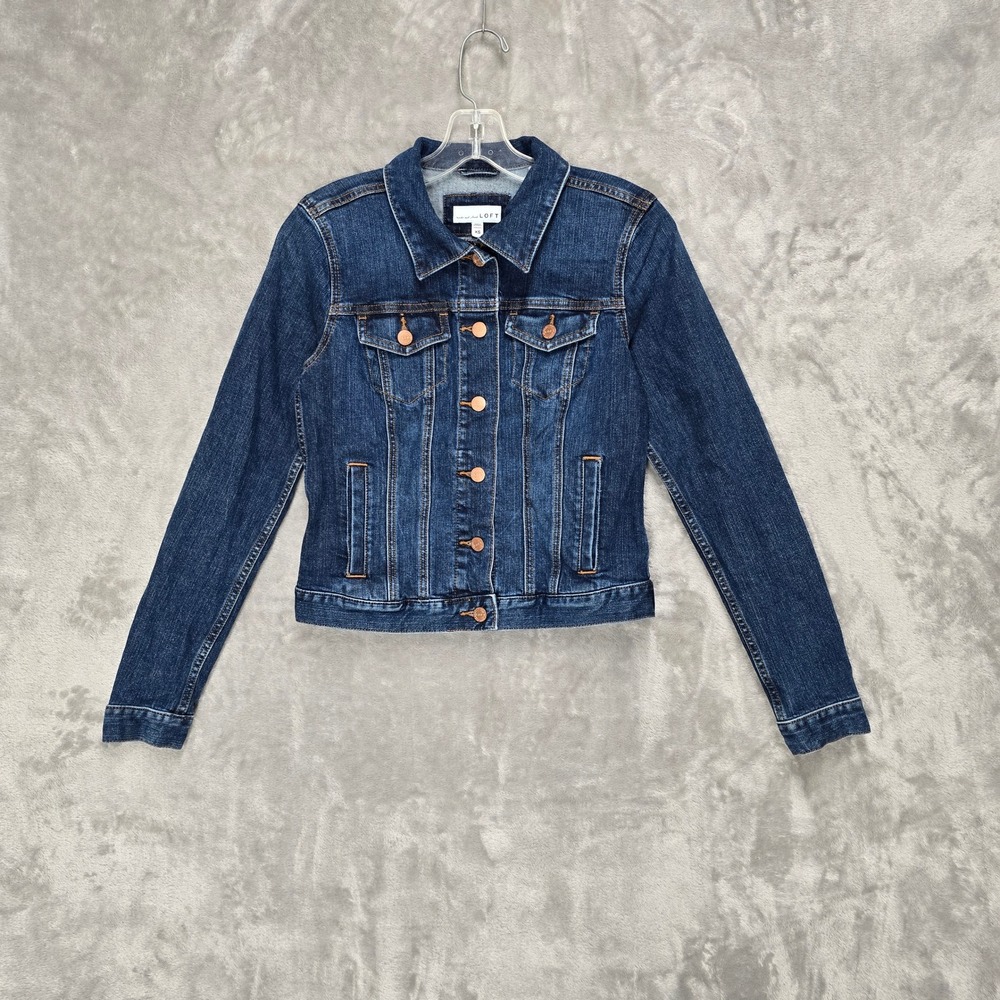 LOFT Womens Dark Wash Denim Trucker Jacket XS‎ Blue Stretch Cotton Staple Preppy